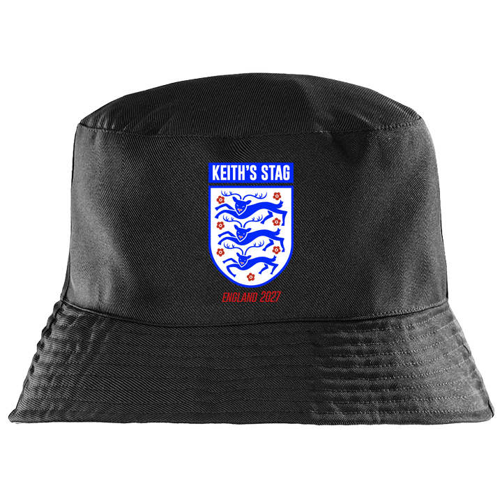 A black custom stag do football-themed bucket hat with the England logo and custom text reading Keith's Stag England 2027 