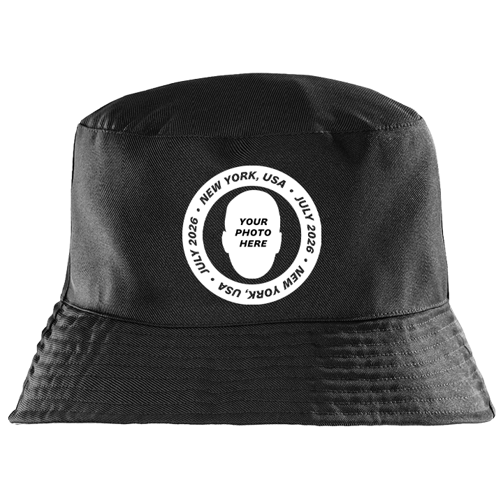 A black stag do bucket hat in the style of a football crest where you can upload a face pic and add custom text 