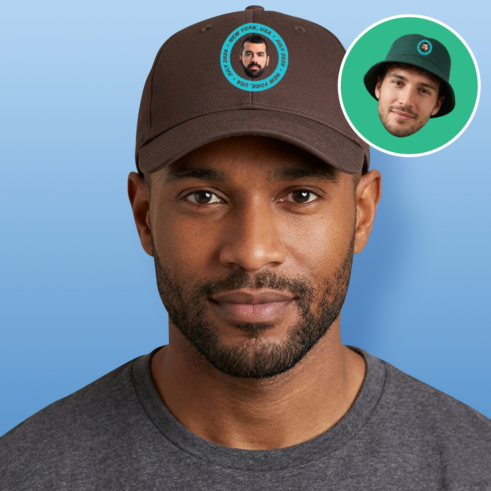 A male model wearing a brown stag do cap that has a circular football badge style design that has been personalised with a photo of a man and the text New York, USA July 2026