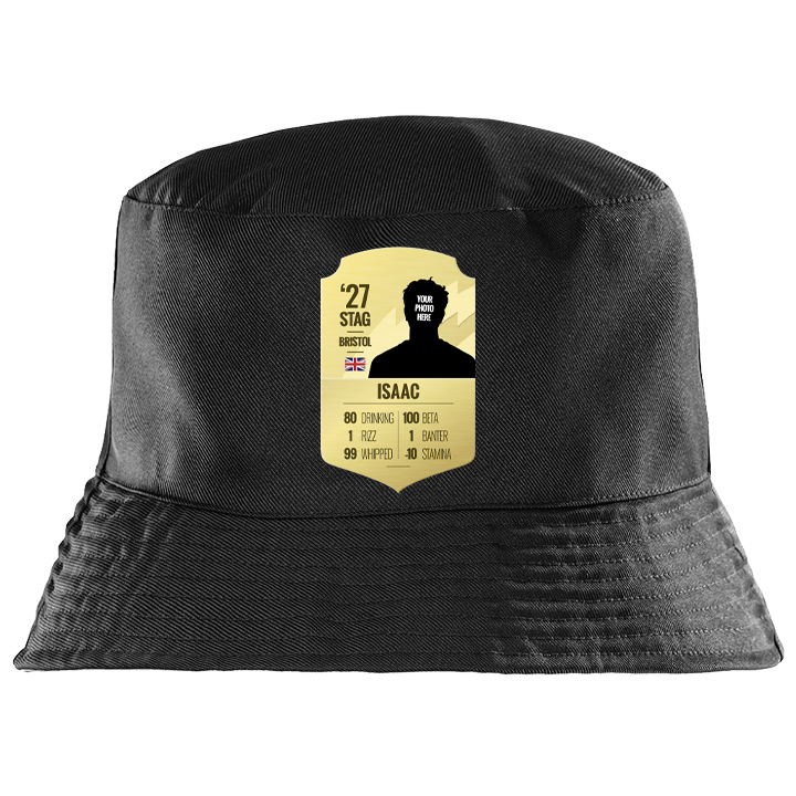 A black custom football themed bucket hat where you can upload a photo and add custom football stats 