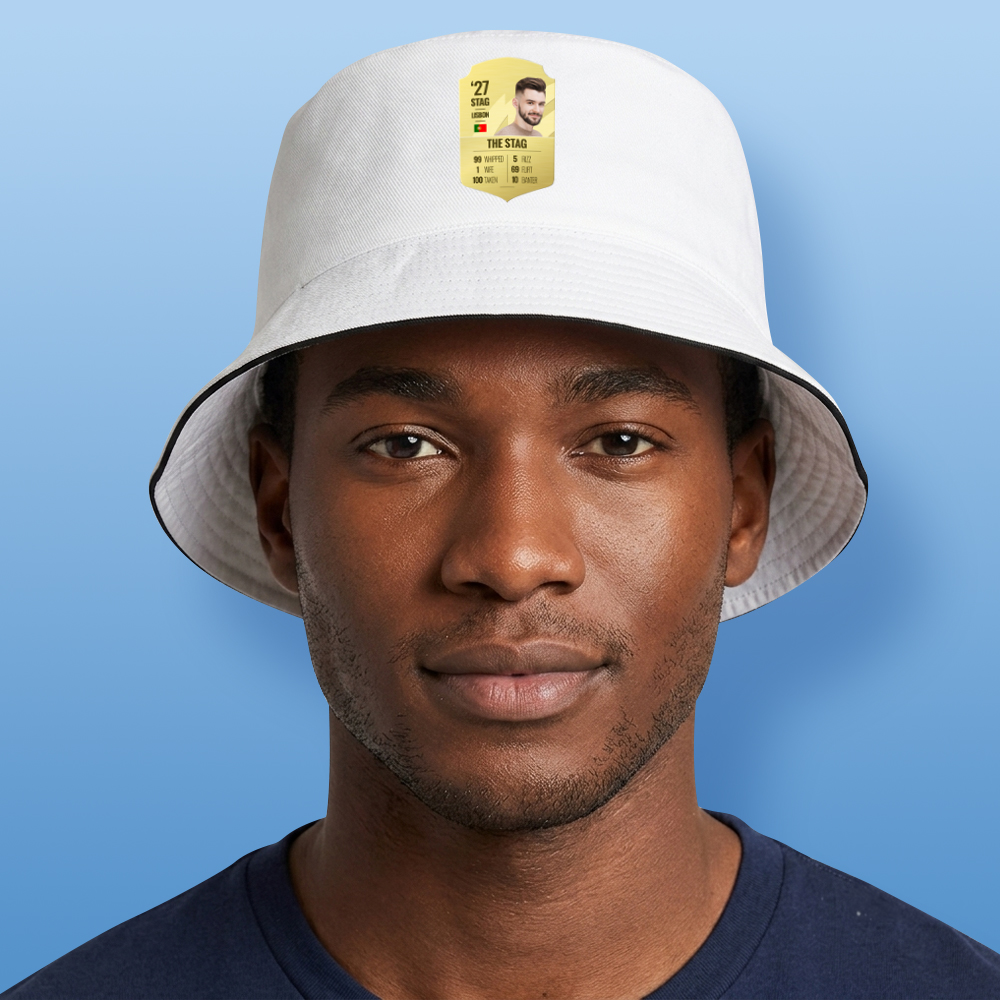 A male model wearing a white custom football themed bucket hat where you can upload a photo and add custom football stats