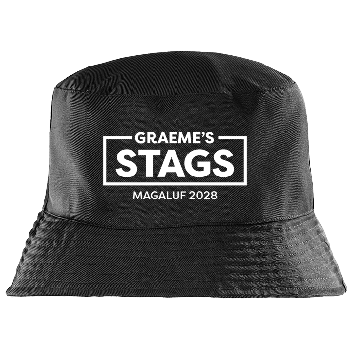 A custom stag do bucket hat that reads Graeme's Stags which is in the middle of a rectangular box with Magaluf 2028 below it 