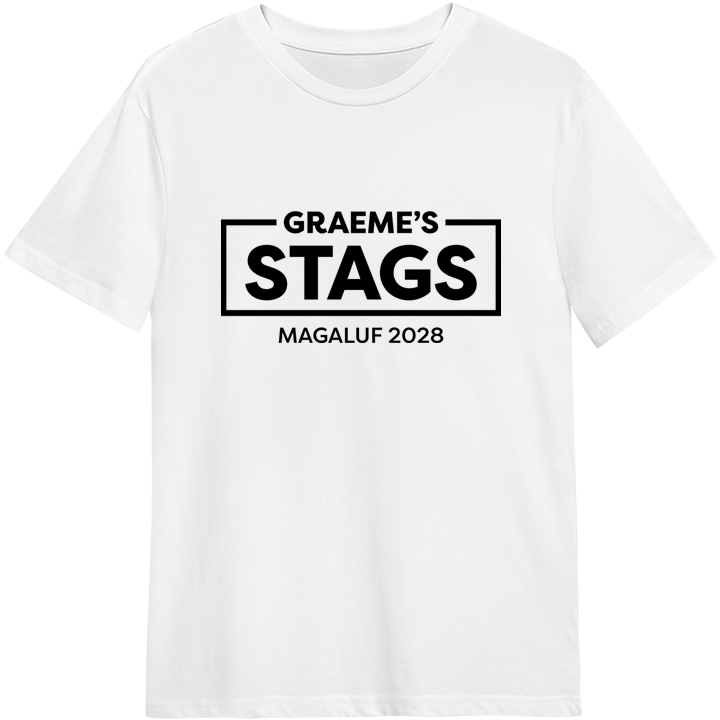 A custom white stag do t shirt where Graeme's Stags has been framed by a black box and underneath that the custom text Magaluf 2028 