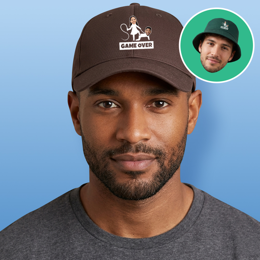 A male model wearing a brown custom stag do cap where you can upload two face pics to make it look like the stag is being whipped by his partner with the text Game Over