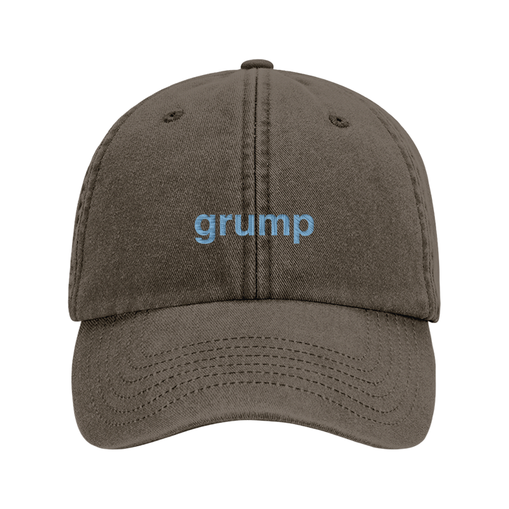 A premium vintage embroidered Father's day cap in vintage brown reading grump in blue text 