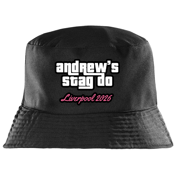 A black custom GTA themed stag do bucket hat that has custom text in the style of the GTA logo reading andrew's stag do Liverpool 2026 