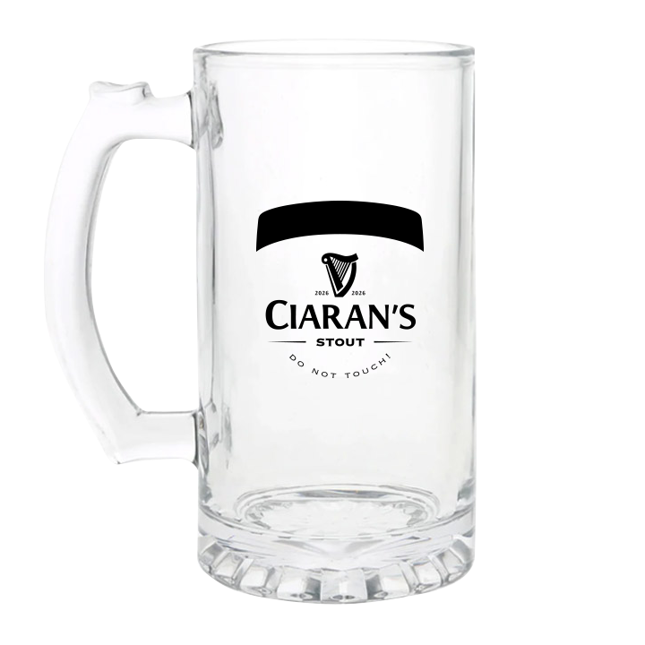 A custom Guinness themed stein that has the custom text Ciaran's Stout Do Not Touch 