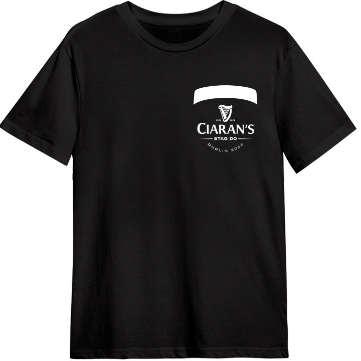 Black stag do t-shirt with pocket Guinness pint design in relief. Logo altered to feature details of the stag do