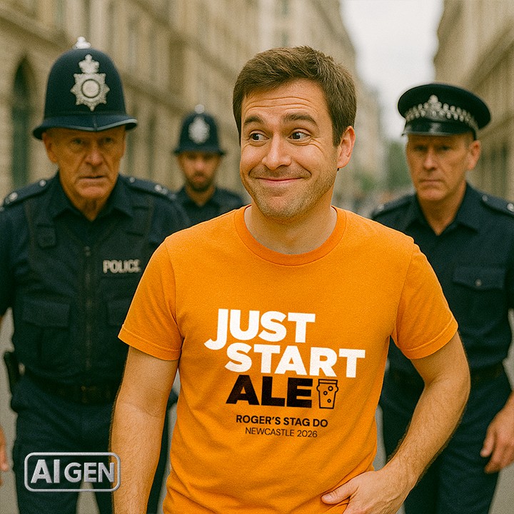 AI generated image with a man wearing a just stop oil parody t shirt reading just start ale whilst being perused by policemen
