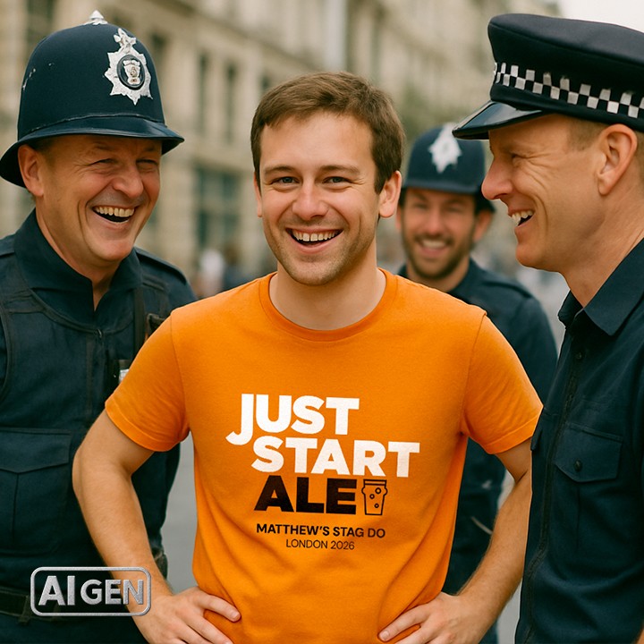 AI generated image with a man wearing a just stop oil parody t shirt reading just start ale surrounded by policemen laughing