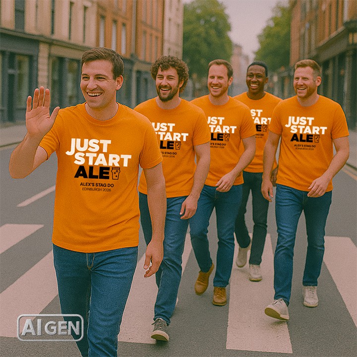 AI generated image of five men wearing just stop oil parody t shirts reading just start ale whilst crossing a zebra crossing