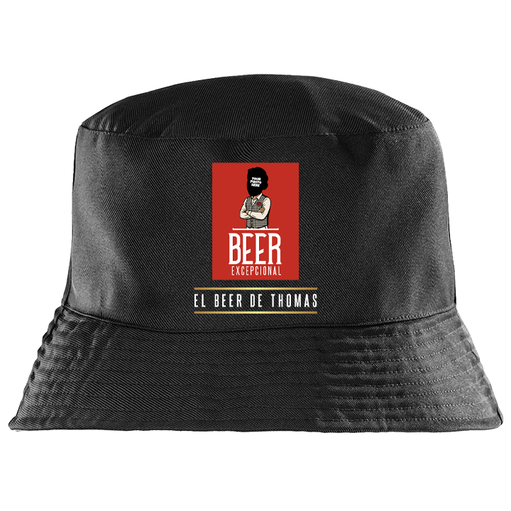 A black custom Madri-themed bucket hat where you can upload a face pic to be integrated into the Madri man logo with custom text reading El Beer De Thomas 