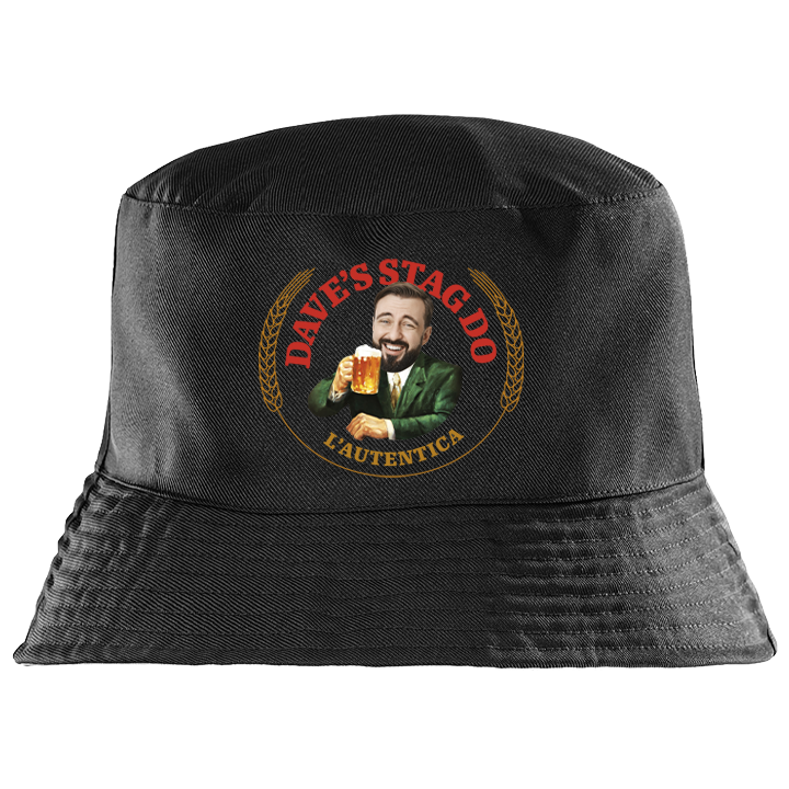 A custom Moretti themed black bucket hat that has been personalised with a face photo of a man and custom text reading Dave's Stag Do L'Autentica 