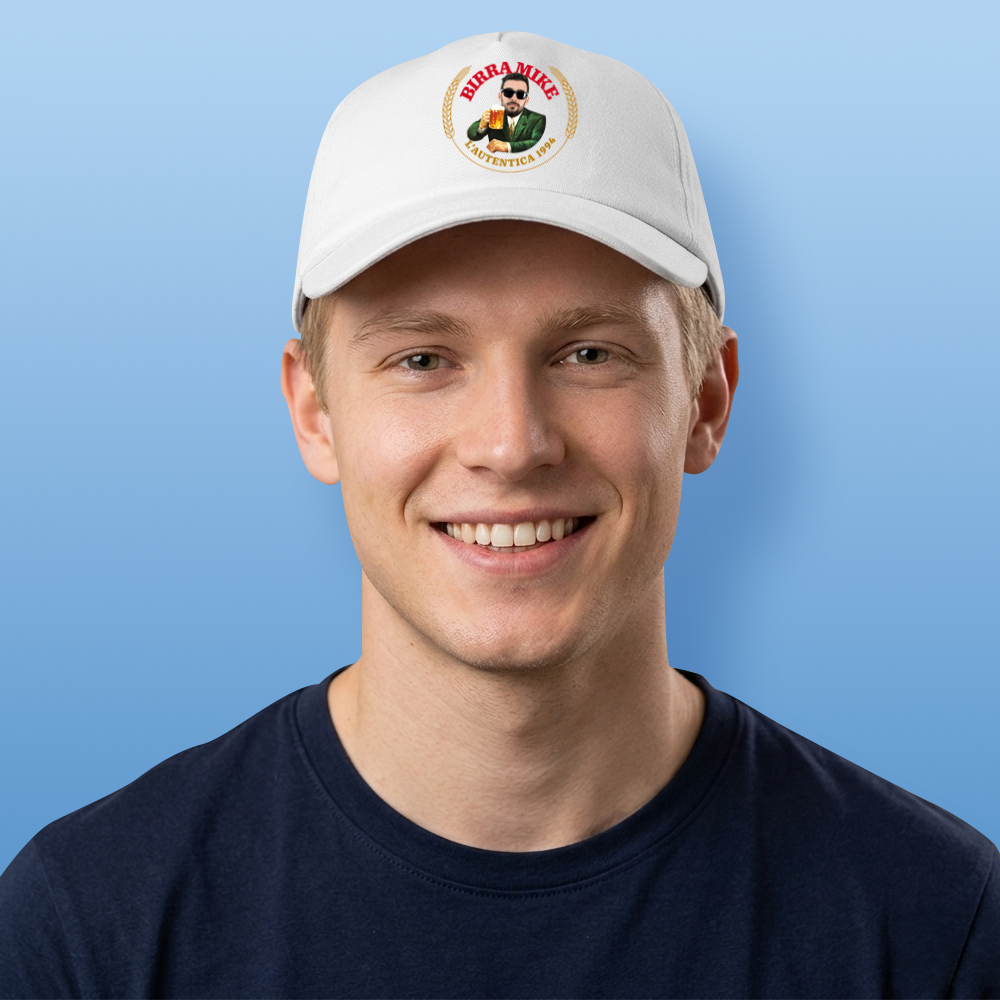 A male model wearing a custom Moretti themed white cap that has been personalised with a face photo of a man and custom text reading Birra Mike L'Autentica