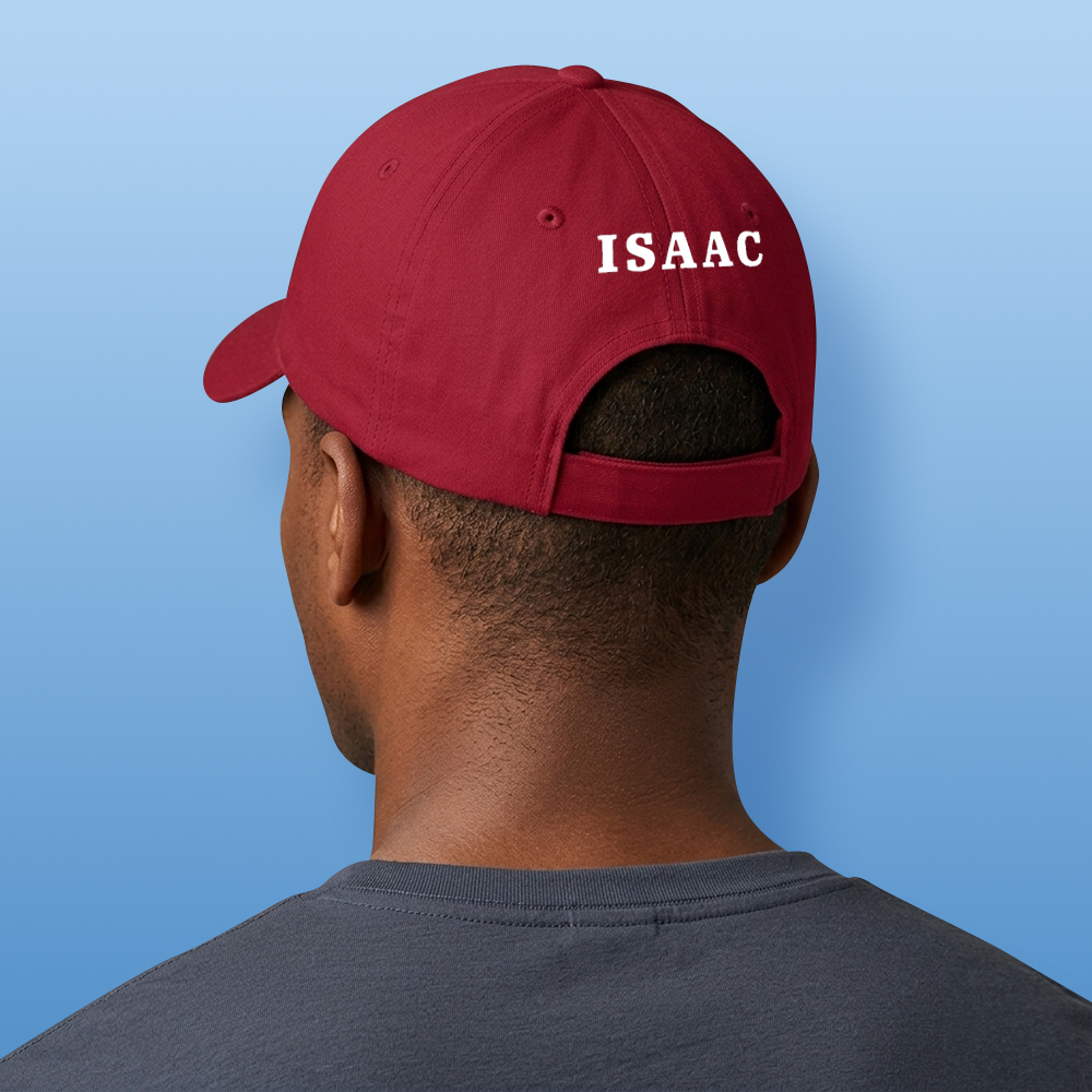 A back view of a male model wearing a custom Moretti themed red cap that has been personalised with the custom text Issac on the back of the cap