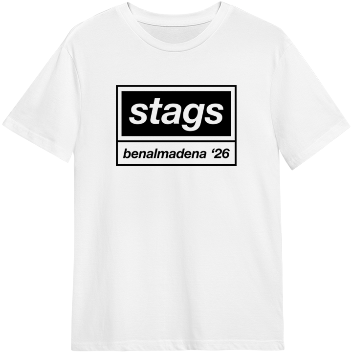 A white custom Oasis-themed stag do t-shirt that reads stags benalmadena 26 in the style of the Oasis logo 