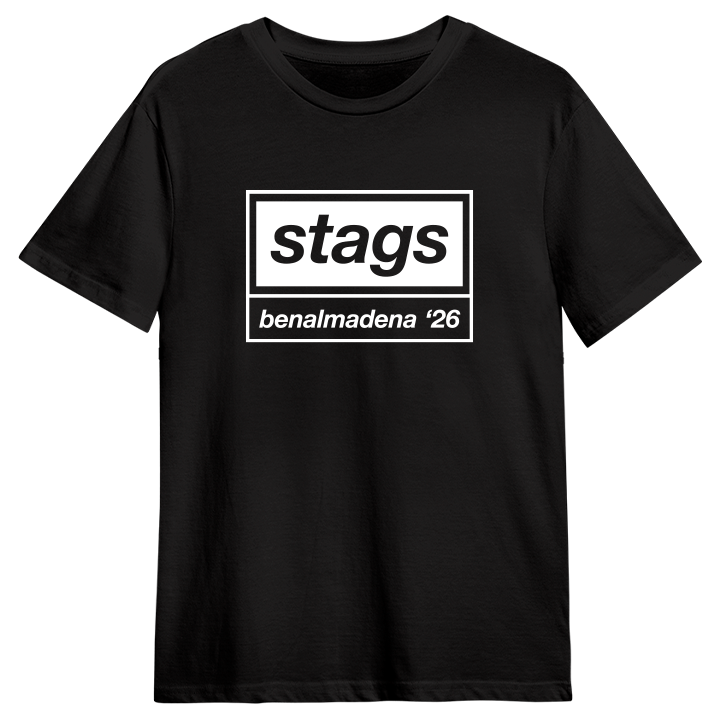 A black custom Oasis-themed stag do t-shirt that reads stags benalmadena 26 in the style of the Oasis logo