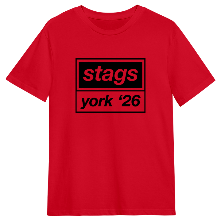 A red custom Oasis-themed stag do t-shirt that reads stags York 26 in the style of the Oasis logo