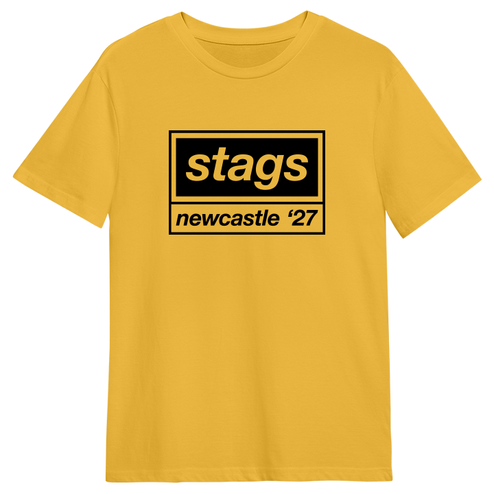 A yellow custom Oasis-themed stag do t-shirt that reads stags Newcastle 27 in the style of the Oasis logo