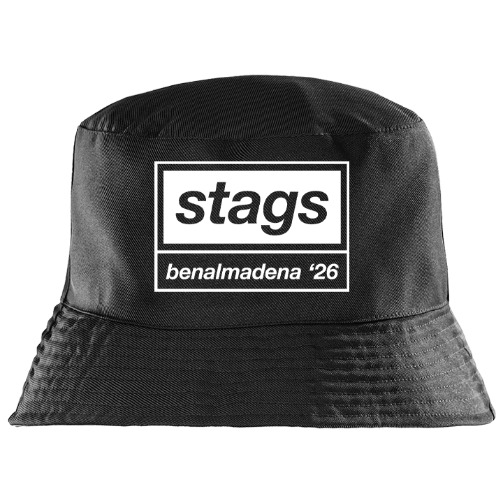 A black Oasis style custom bucket hat that reads stags benalmadena '26 in the style of the Oasis logo 