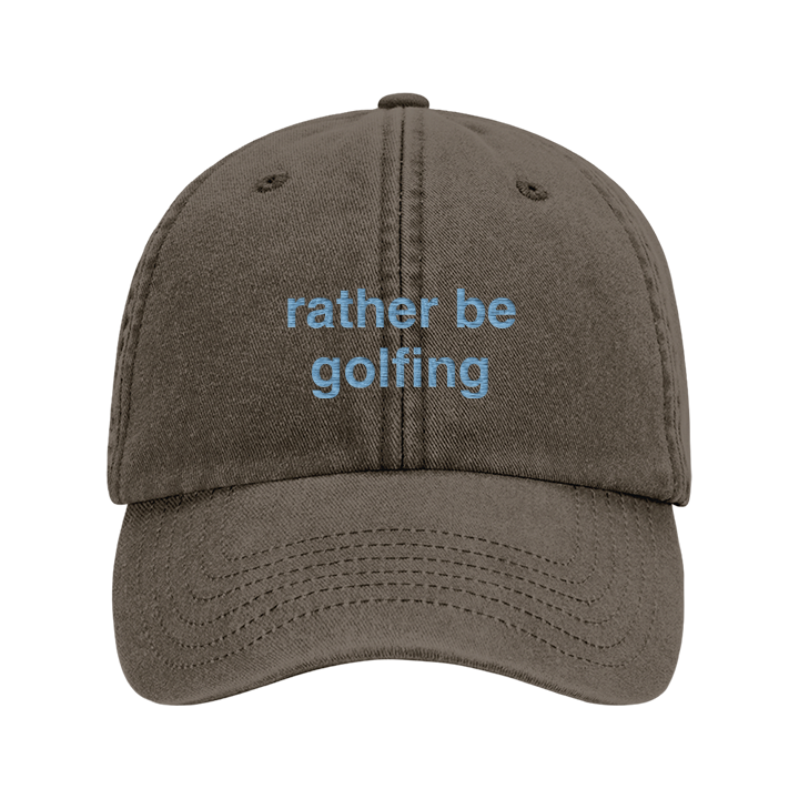 A premium vintage embroidered Father's day cap in vintage brown with custom text reading rather be golfing in blue font 