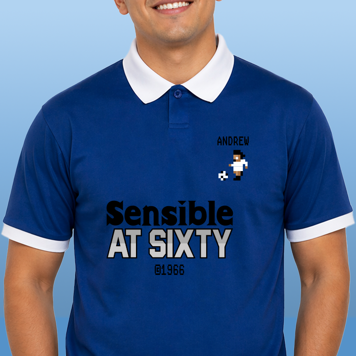 A custom blue birthday retro footie top reading Sensible At Sixty c 1966 with a little football player with the name Andrew above it 