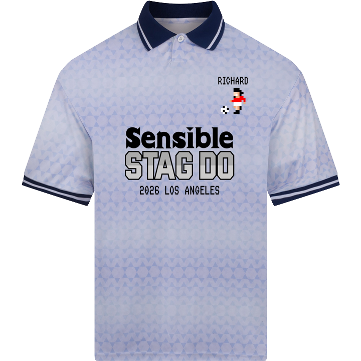 A Sensible Soccer themed custom footie top with a retro white shimmer that has a pixelated man with the custom text Richard Sensible Stag Do 2026 Los Angeles 