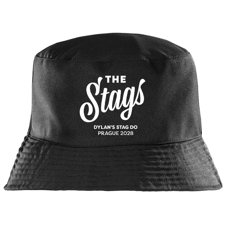 A black stag do custom bucket hat that reads The Stags in a fancy handwriting font with custom text Dylan's Stag Do Prague 2028 underneath it 
