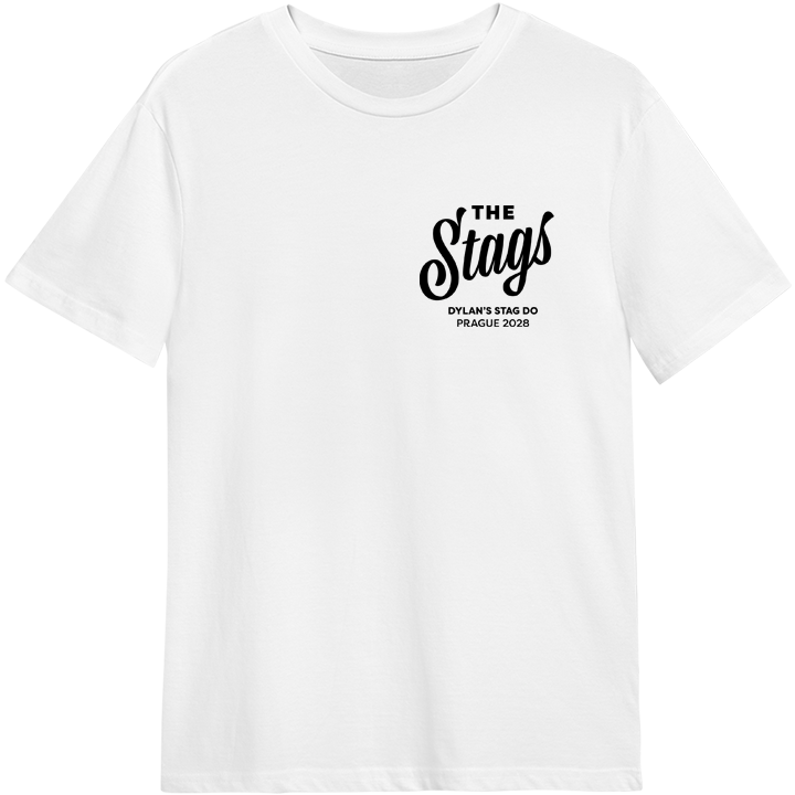 Custom stag do t shirt that reads The Stags in a fancy font and Dylan's Stag Do, Prague 2028 in a smaller block capitals font 