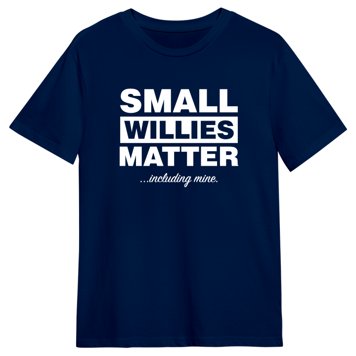 A dark blue slogan stag do t-shirt reading Small Willies Matter.... including mine