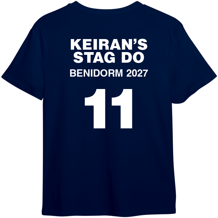 The back of a Small Willies Matter stag do t shirt which has been customised with Kieran's stag do, Benidorm 2027, 11
