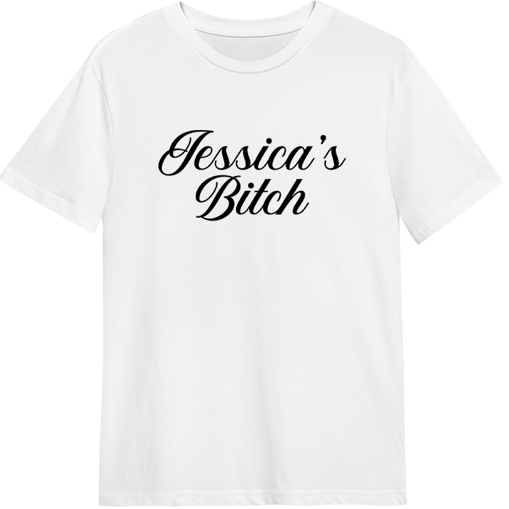A white custom stag do t-shirt that has been personalised with the text Jessica's Bitch 