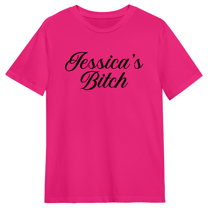 A pink custom stag do t-shirt that has been personalised with the text Jessica's Bitch