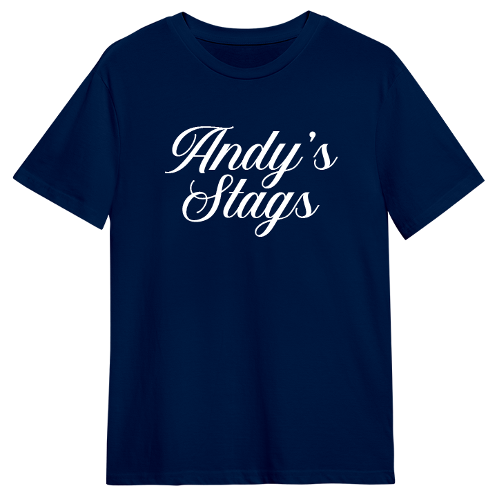 A blue custom stag do t-shirt that has been personalised with the text Andy's Stags