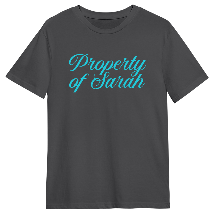 A grey custom stag do t-shirt that has been personalised with the text Property of Sarah