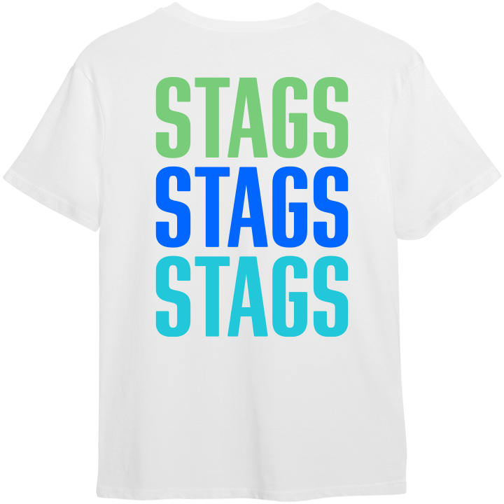The back of a white custom stag do t shirt that reads stags stags stags in green, dark blue and light blue