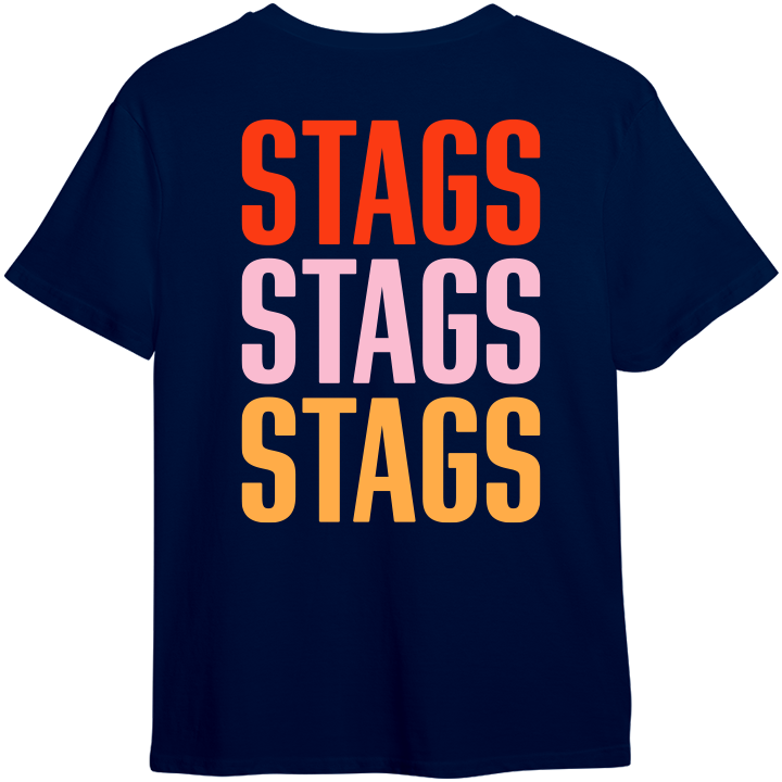 The back of a blue custom stag do t shirt that reads stags stags stags in red, pink and orange