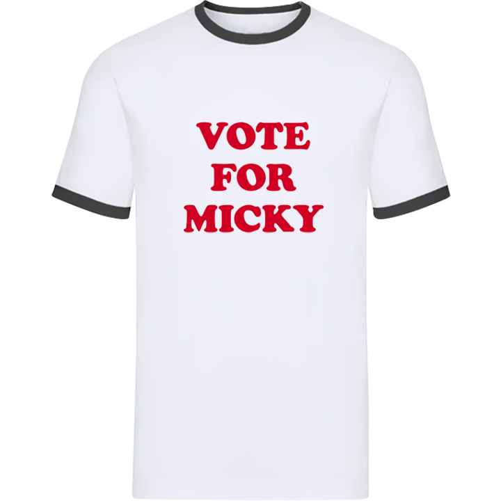 A Napoleon Dynamite inspired Vote for Pedro style customisable stag do t shirt that reads vote for Micky in red writing in the style of Vote Pedro 