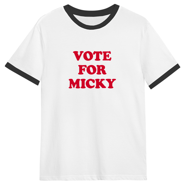 A Napoleon Dynamite inspired customisable stag do t shirt that reads vote for Micky in red writing in the style of Vote Pedro