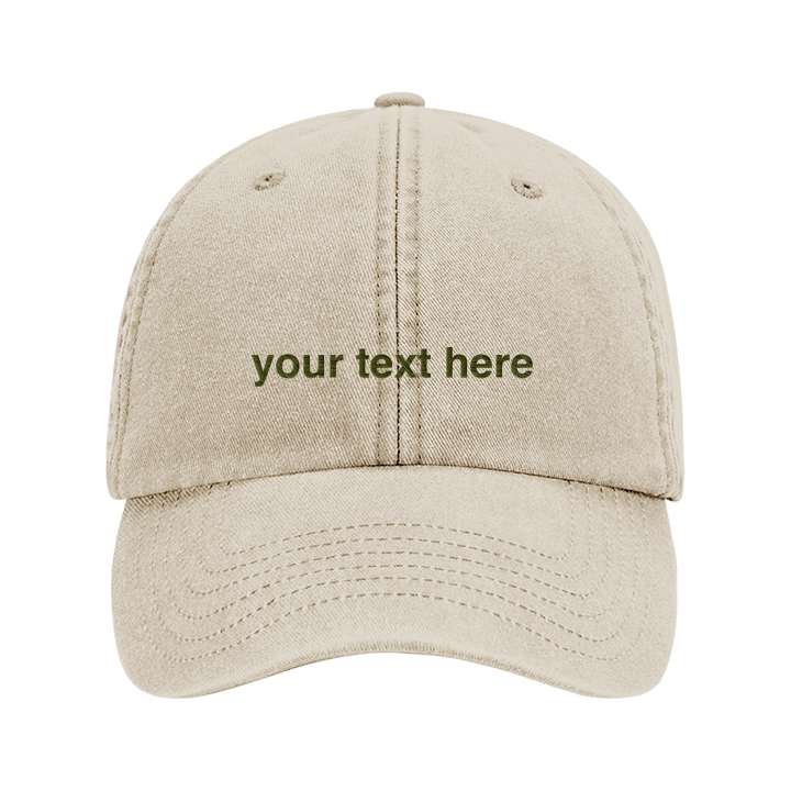 A custom text premium vintage cap in khaki that has been embroidered with 'your text here' to show that the text is editable 