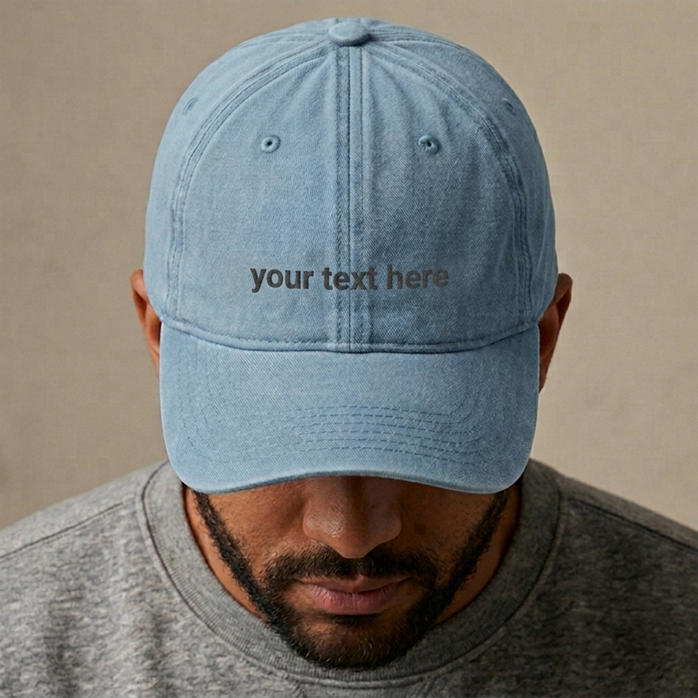 A male model wearing a custom text premium vintage cap in blue that has been embroidered with 'your text here' to show that the text is editable 