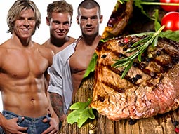 A split image of three men with their tops off and a piece of steak with garnish