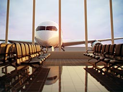 An empty departure lounge with a plane visible through the floor to ceiling windows in the background