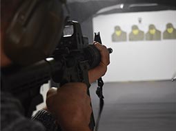 A close up of someone aiming a gun at targets in the background