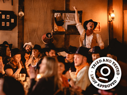 Two cocktails beside each other with the Moonshine Saloon logo overlayed