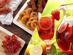 A split image of tapas and sangria