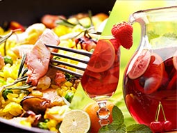 A split image of paella and sangria