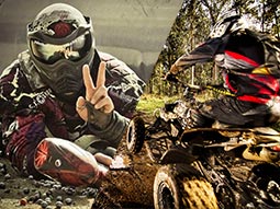 A split image of someone in a paintball helmet lying down and someone riding a quad bike