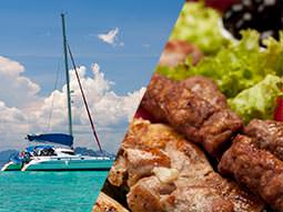 Split image with right side showing catamaran on clear blue water and left side showing meat and salad