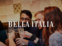 A group of friends clinking their bottomless prosecco glasses at Bella Italia